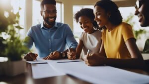 Uma família está sentada em volta de uma mesa, discutindo sobre seguro de vida. Um documento está sendo assinado, com uma sensação de segurança e proteção no ar