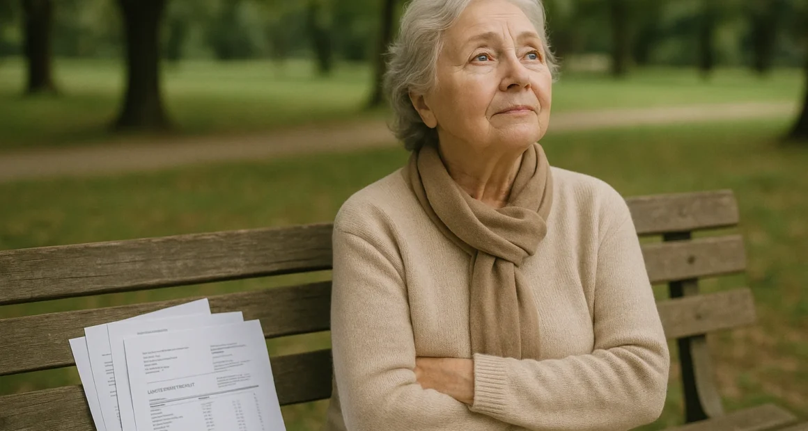 Imagem de uma investidor previdência doença grave aposentada, com expressão de esperança, ao ar livre com documentos e laudos médicos
