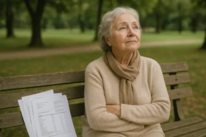 Imagem de uma investidor previdência doença grave aposentada, com expressão de esperança, ao ar livre com documentos e laudos médicos